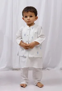 Set Of 3: White Cotton Kurta, Pajama & Blue Hand Block Printed Nehru Jacket image 1