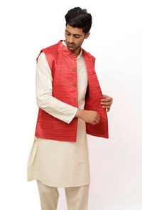 Scarlet Red Matka Silk Nehru Jacket image 1