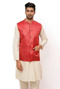 Scarlet Red Matka Silk Nehru Jacket image 2