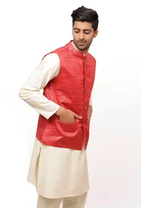 Scarlet Red Matka Silk Nehru Jacket image 3