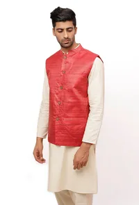 Scarlet Red Matka Silk Nehru Jacket image 4