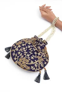 Navy Blue Embroidered Silk Potli image 1