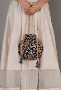 Navy Blue Embroidered Silk Potli image 2