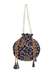 Navy Blue Embroidered Silk Potli image 3