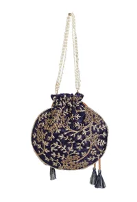 Navy Blue Embroidered Silk Potli image 5