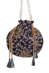 Navy Blue Embroidered Silk Potli image 6