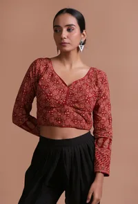 Maroon Cotton Ajrakh Printed Full Sleeve Blouse image 1