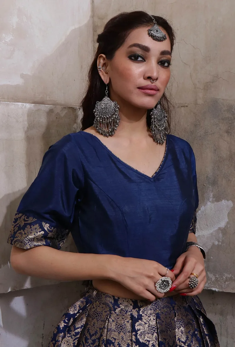 Royal Blue Raw Silk Banarasi Jacquard Blouse With Tassels