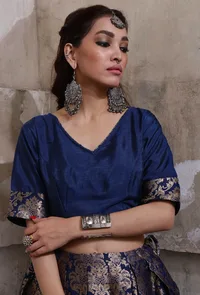 Royal Blue Raw Silk Banarasi Jacquard Blouse With Tassels image 2