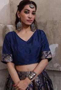 Royal Blue Raw Silk Banarasi Jacquard Blouse With Tassels image 3