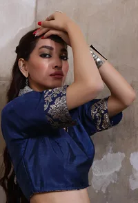 Royal Blue Raw Silk Banarasi Jacquard Blouse With Tassels image 4