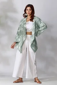 Sage Green Front Open Ikkat Overlay image 1