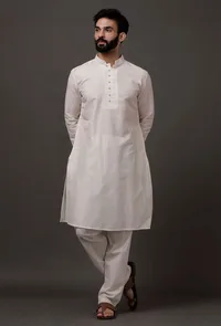 Set of 2: White Cotton Silk Check Kurta Pajama image 1