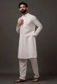Set of 2: White Cotton Silk Check Kurta Pajama image 3
