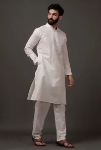 Set of 2: White Cotton Silk Check Kurta Pajama image 4