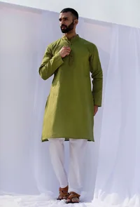 Set Of 2: Pear Green Self Weave Cotton Kurta Pyjama Set image 1