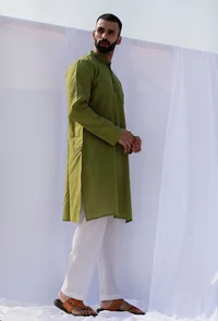 Set Of 2: Pear Green Self Weave Cotton Kurta Pyjama Set image 2