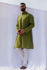 Set Of 2: Pear Green Self Weave Cotton Kurta Pyjama Set image 3