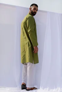 Set Of 2: Pear Green Self Weave Cotton Kurta Pyjama Set image 4