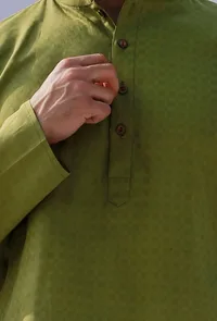 Set Of 2: Pear Green Self Weave Cotton Kurta Pyjama Set image 5