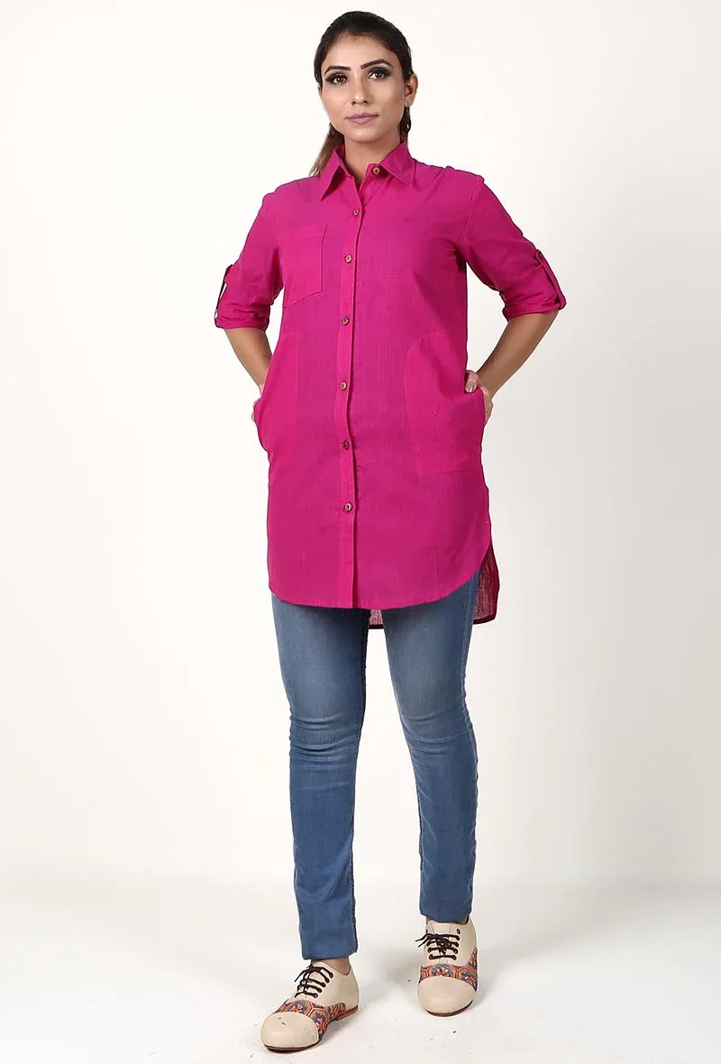 Magenta Pink Handloom Cotton Asymmetrical Shirt