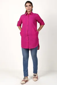 Magenta Pink Handloom Cotton Asymmetrical Shirt image 1