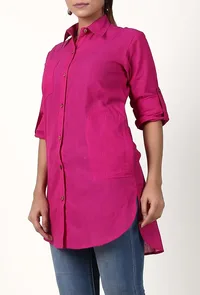Magenta Pink Handloom Cotton Asymmetrical Shirt image 3