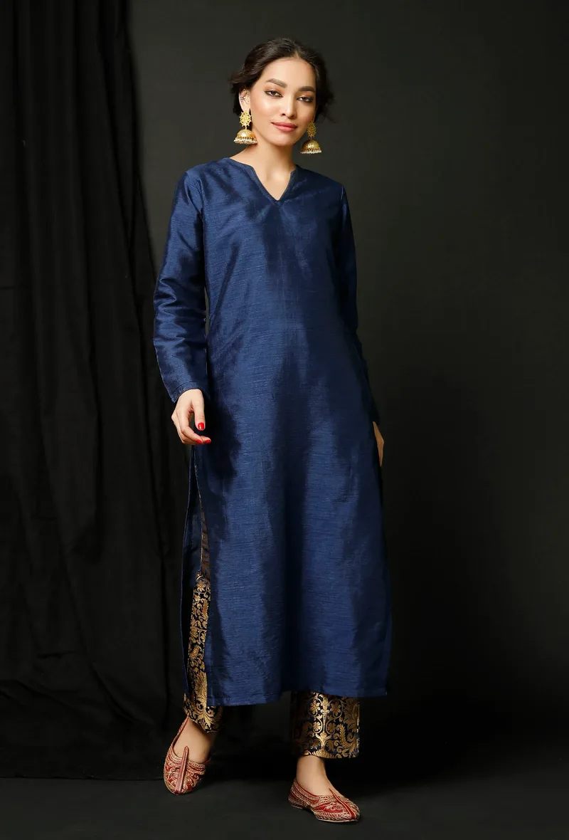 Set  of 2 : Blue Raw Silk Achkan and Blue Banarasi Brocade Pants