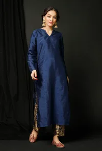 Set  of 2 : Blue Raw Silk Achkan and Blue Banarasi Brocade Pants image 1