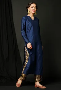 Set  of 2 : Blue Raw Silk Achkan and Blue Banarasi Brocade Pants image 2