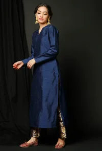 Set  of 2 : Blue Raw Silk Achkan and Blue Banarasi Brocade Pants image 3