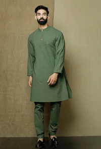 Set of 2:Moss Green Cotton Cambric Kurta and Pyjama image 1