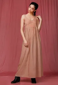 Brown Plain Linen Gathers Slip image 1