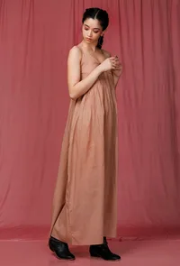 Brown Plain Linen Gathers Slip image 2