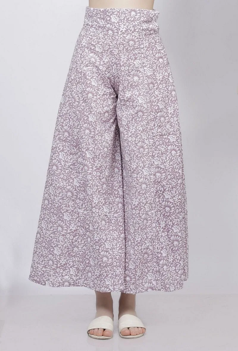 Lilac Floral Hand-Block Printed Cotton Flared Pallazo