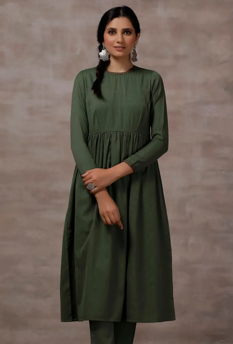 Sage Green Cashmilon Gathered Kurta