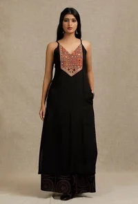 Set Of 2: Solid Black Slip Kurta With Yoke Embroidery Details With Black Hand-Block Printed Palazzo Pants image 1