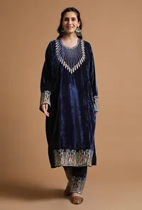 Set Of 2: Blue Kashmiri Tilla Embroidery Phiran With Pant-Free Size image 2