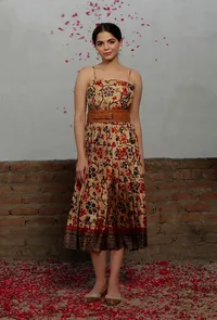 Beige Kalamkari Printed Cotton Silk Midi Dress With Single Buckle Belt image 1