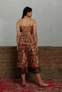 Beige Kalamkari Printed Cotton Silk Midi Dress With Single Buckle Belt image 4