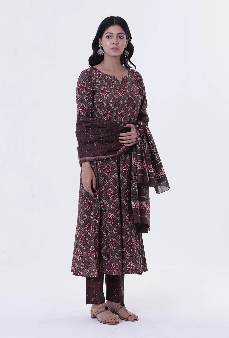 Set Of 3: Woody Brown & White Cotton Block Printed Kurta, Pant & Dupatta