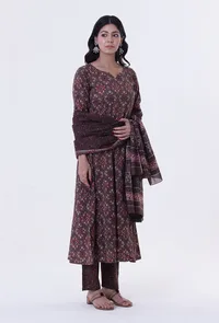 Set Of 3: Woody Brown & White Cotton Block Printed Kurta, Pant & Dupatta image 1