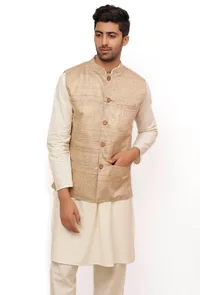 Chiffon Cream Matka Silk Nehru Jacket image 2