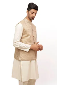 Chiffon Cream Matka Silk Nehru Jacket image 3