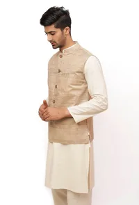 Chiffon Cream Matka Silk Nehru Jacket image 4