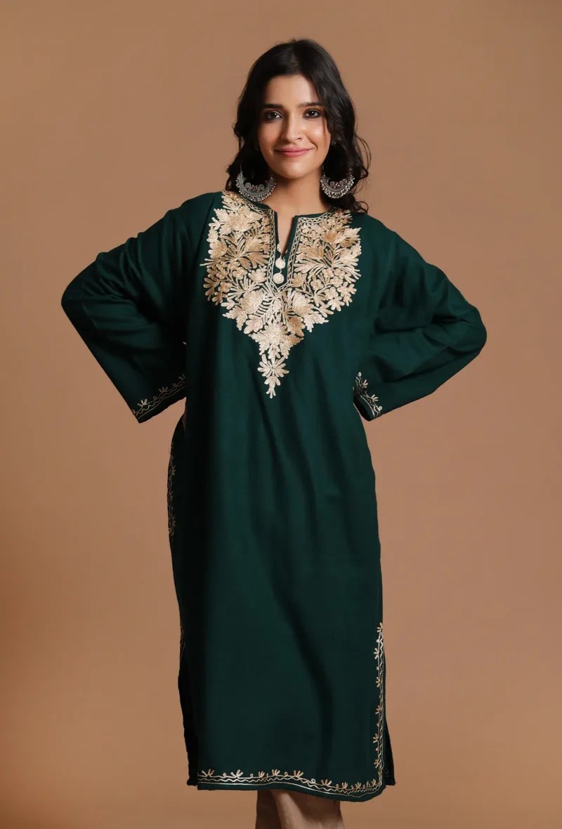 Timber Green Aari Embroidered Kashmiri Phiran-Free Size
