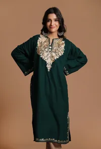 Timber Green Aari Embroidered Kashmiri Phiran-Free Size image 1