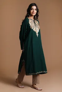 Timber Green Aari Embroidered Kashmiri Phiran-Free Size image 2