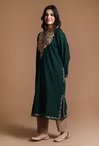 Timber Green Aari Embroidered Kashmiri Phiran-Free Size image 3