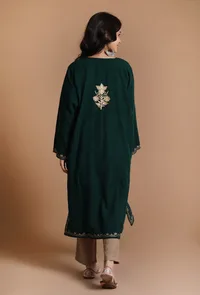 Timber Green Aari Embroidered Kashmiri Phiran-Free Size image 4